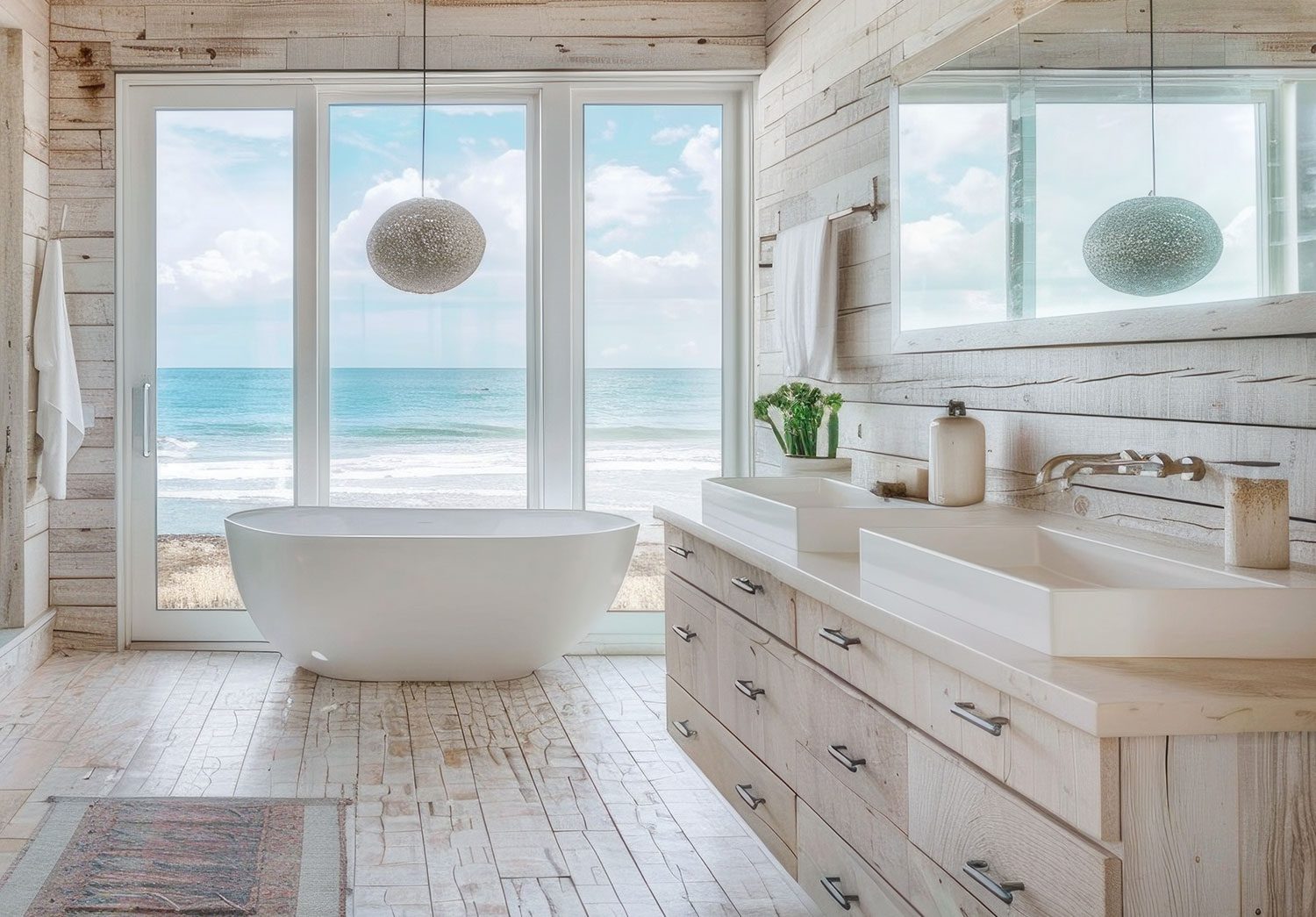 bathroom designed with light sand colored wood accents