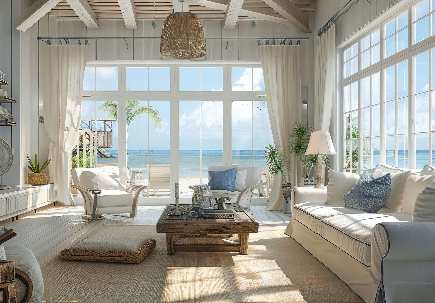 bright and airy living room with large bay windows
