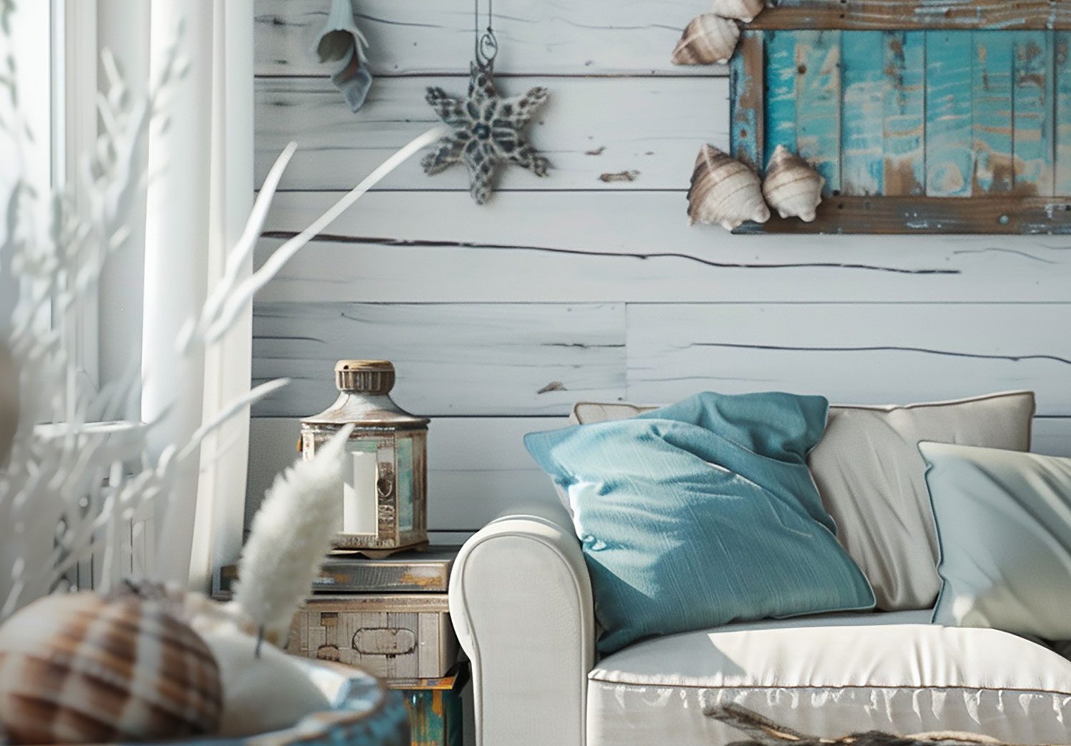 rustic living room with beach and shell decor