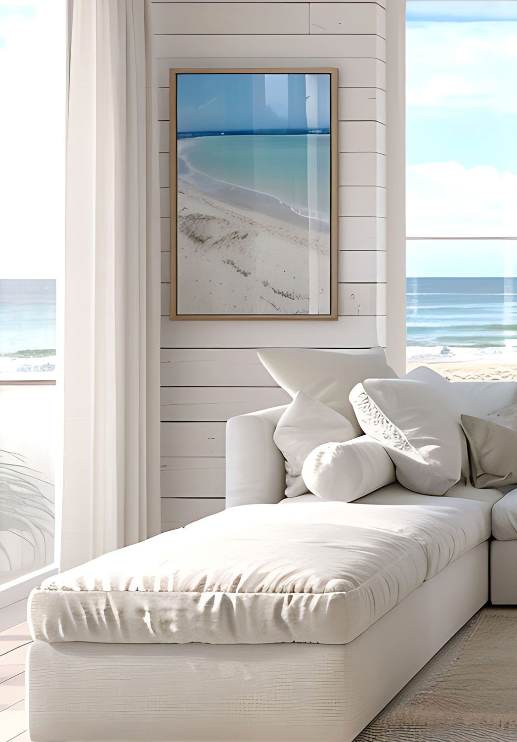 white airy living room overlooking ocean