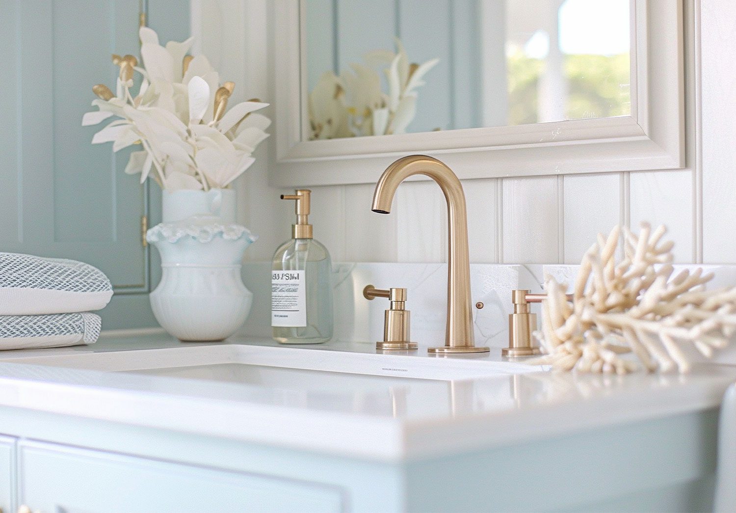 bathroom sink with coral and gold elements