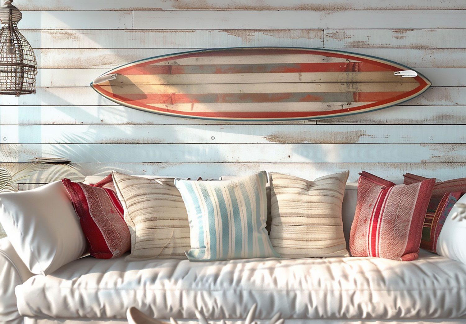 surfboard above couch